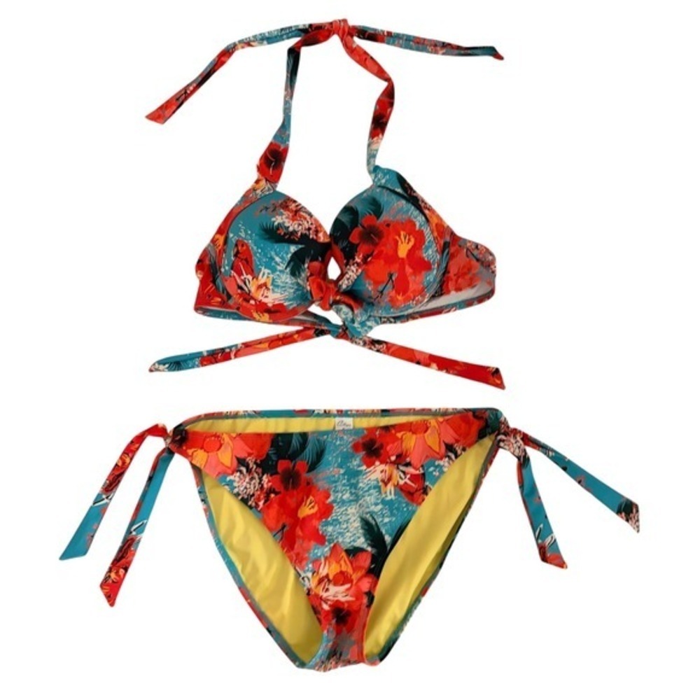 NEW Colloyes XL Tropical Floral Print Halter Tie Front Bikini Swimsuit Set - Picture 6 of 10